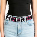 Birds of Prey HARLEY QUINN Text Full Color Black/Pink Seatbelt Belt - Birds of Prey Harley Quinn Diamonds Split White/Black/Pink/Black Webbing