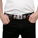 Birds of Prey HARLEY QUINN Text Full Color Black/White Seatbelt Belt - Birds of Prey Harley Quinn Roller Skates/Icons Collage Black/White/Red Webbing