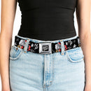 Birds of Prey HARLEY QUINN Text Full Color Black/White Seatbelt Belt - Birds of Prey Harley Quinn Roller Skates/Icons Collage Black/White/Red Webbing