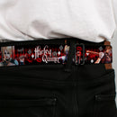 Harley Quinn Diamond Full Color Black Red Seatbelt Belt - BATMAN ARKHAM KNIGHT Logo HARLEY QUINN Bat Poses Diamonds/Bats/Kisses Black/Reds/White Webbing