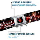 Harley Quinn Diamond Full Color Black Red Seatbelt Belt - BATMAN ARKHAM KNIGHT Logo HARLEY QUINN Bat Poses Diamonds/Bats/Kisses Black/Reds/White Webbing