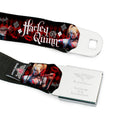 Harley Quinn Diamond Full Color Black Red Seatbelt Belt - BATMAN ARKHAM KNIGHT Logo HARLEY QUINN Bat Poses Diamonds/Bats/Kisses Black/Reds/White Webbing