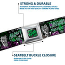 HAHA Stacked Full Color Black Gray Green Seatbelt Belt - The Joker 4-Poses/Joker Card HAHA/Smile/BANG! Grays/Greens/Purples Webbing