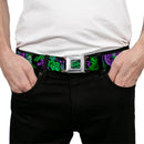 HAHA Stacked Full Color Black Gray Green Seatbelt Belt - THE JOKER Card Flipping Poses Black/Greens/Purples Webbing