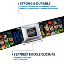 JUSTICE LEAGUE OF AMERICA Badge Black/White/Red/Blue Seatbelt Belt - JUSTICE LEAGUE OF AMERICA w/Superhero Blocks Black/Multi Color Webbing