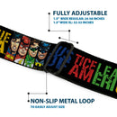 JUSTICE LEAGUE OF AMERICA Badge Black/White/Red/Blue Seatbelt Belt - JUSTICE LEAGUE OF AMERICA w/Superhero Blocks Black/Multi Color Webbing