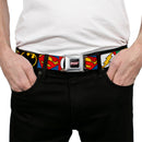 JUSTICE LEAGUE Shield Full Color Black/White/Red Seatbelt Belt - Justice League 5-Superhero Textured Logo CLOSE-UP Blocks Webbing