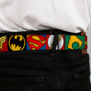 JUSTICE LEAGUE Shield Full Color Black/White/Red Seatbelt Belt - Justice League 5-Superhero Textured Logo CLOSE-UP Blocks Webbing