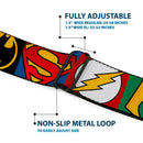 JUSTICE LEAGUE Shield Full Color Black/White/Red Seatbelt Belt - Justice League 5-Superhero Textured Logo CLOSE-UP Blocks Webbing