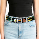 Justice League Shield Full Color Black Blue Red Yellow Seatbelt Belt - Justice League Superhero Logos CLOSE-UP Black Webbing