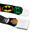 Justice League Shield Full Color Black Blue Red Yellow Seatbelt Belt - Justice League Superhero Logos CLOSE-UP Black Webbing