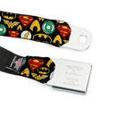 JLA-JUSTICE LEAGUE OF AMERICA Logo Full Color Black Gold Red Seatbelt Belt - Justice League 6-Superhero Logos Collage Black Webbing