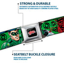 JUSTICE LEAGUE Star Logo Full Color Black Silver-Fade Red Seatbelt Belt - Justice League New 52 4-Superhero Poses/Scattered Logos Multi Color/Black Webbing