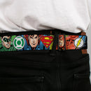 JUSTICE LEAGUE Star Logo Full Color Black Silver-Fade Red Seatbelt Belt - Justice League 4-Superhero CLOSE-UP Poses/Logos Webbing