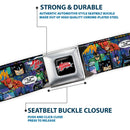 JUSTICE LEAGUE Star Logo Full Color Black Silver-Fade Red Seatbelt Belt - JUSTICE LEAGUE-IT'S TIME FOR JUSTICE 4-Superhero Pose Blocks Collage Purples/Blues Webbing