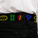 JL-Batman Superman Green Lantern Flash Electric Logos Full Color Black White Multi Neon Seatbelt Belt - Justice League Electric Logos Black/Multi Neon Webbing