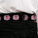 Superman Black Silver Seatbelt Belt - Super Shield Hibiscus Design Black/Pink Webbing