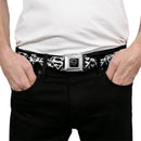 Superman Black Silver Seatbelt Belt - Superman Shield Splatter Black/White Webbing
