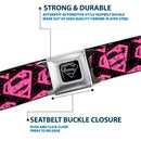 Superman Black Silver Seatbelt Belt - Diagonal Superman Logo w/Hearts Black/Pink Webbing
