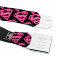 Superman Black Silver Seatbelt Belt - Diagonal Superman Logo w/Hearts Black/Pink Webbing