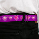 Superman Black Silver Seatbelt Belt - Superman Logo in Heart Purple/White/Pink Webbing