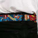 Superman Full Color Blue Seatbelt Belt - Superman Logo/Poses/Action Bubbles Pop Collage Blue/Black Webbing