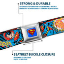 Superman Full Color Blue Seatbelt Belt - Superman Logo/Poses/Action Bubbles Pop Collage Blue/Black Webbing