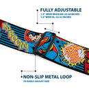 Superman Full Color Blue Seatbelt Belt - Superman Logo/Poses/Action Bubbles Pop Collage Blue/Black Webbing