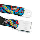 Superman Full Color Blue Seatbelt Belt - Superman Logo/Poses/Action Bubbles Pop Collage Blue/Black Webbing