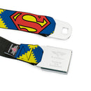 Superman Full Color Blue Seatbelt Belt - Jagged Superman Shield CLOSE-UP Yellow/Blue/Red Webbing