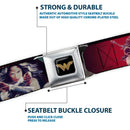 Wonder Woman 2017 Icon Full Color Black/Gold Seatbelt Belt - Wonder Woman Deflection Pose FIGHT FOR JUSTICE-BE BRAVE AND FIERCE Weathered Reds/Blues/White Webbing