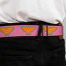 Wonder Woman Logo Full Color Pink Blue Yellow Pink Seatbelt Belt - Wonder Woman Logo Pink/Blue/Yellow/Pink Webbing