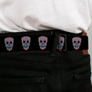 Wonder Woman Black Silver Seatbelt Belt - Wonder Woman Floral Skull Black/Multi Pastel Webbing