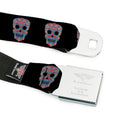 Wonder Woman Black Silver Seatbelt Belt - Wonder Woman Floral Skull Black/Multi Pastel Webbing