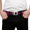 Wonder Woman Black Silver Seatbelt Belt - Wonder Woman Logo/Floral Collage Purple/Pinks/Gold Webbing