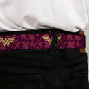 Wonder Woman Black Silver Seatbelt Belt - Wonder Woman Logo/Floral Collage Purple/Pinks/Gold Webbing