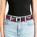 Wonder Woman Black Silver Seatbelt Belt - Wonder Woman Logo/Floral Collage Purple/Pinks/Gold Webbing