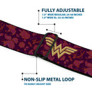 Wonder Woman Black Silver Seatbelt Belt - Wonder Woman Logo/Floral Collage Purple/Pinks/Gold Webbing