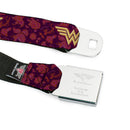 Wonder Woman Black Silver Seatbelt Belt - Wonder Woman Logo/Floral Collage Purple/Pinks/Gold Webbing