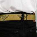 Wonder Woman Logo Reverse Brushed Black Gold Seatbelt Belt - Wonder Woman Logo Metallic Gold/Black Webbing