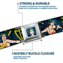 Wonder Woman Face Comic Full Color Blues Seatbelt Belt - Wonder Woman Face/Poses/Logos/Comic Scenes Blues/Yellow Webbing