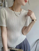 Woman Clothing Top Women Pleated Short-sleeved Female