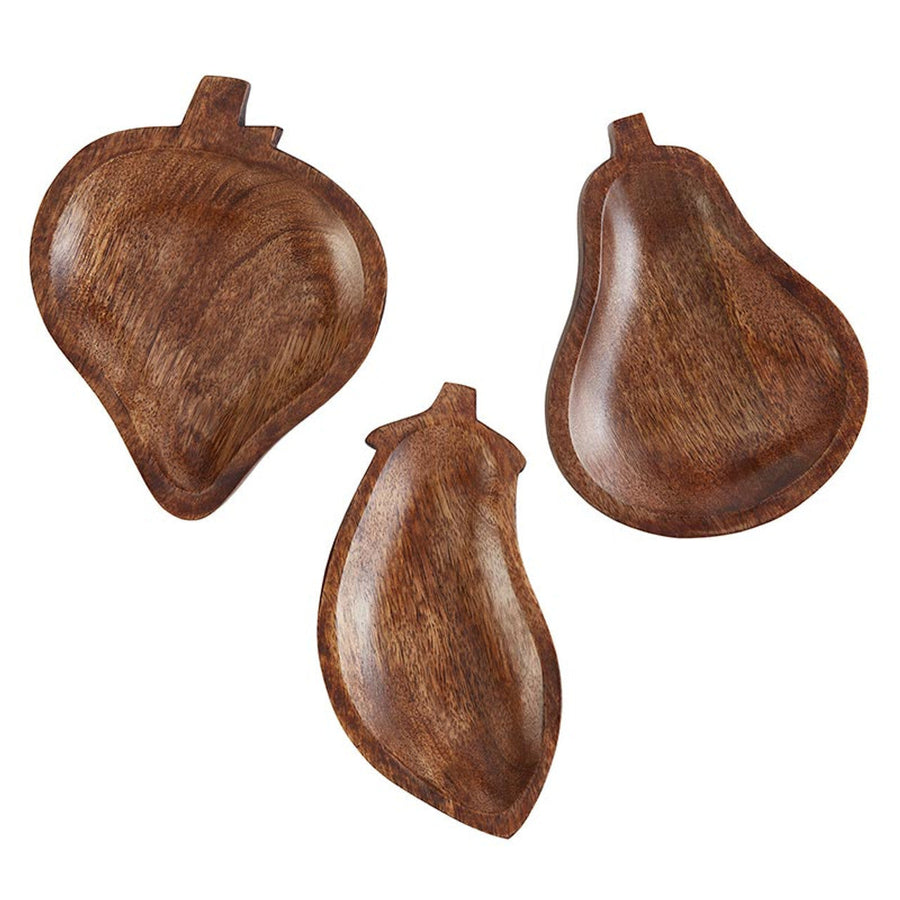 Set of 3 Fruit Shaped Food Bowls | Wooden Pear Strawberry and Eggplant Shaped Serving Dishes
