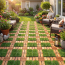 Acacia Wood Interlocking Deck Tiles with Artificial Grass