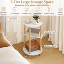 Set of 2 Round Side Table Compact with 3-Tier Shelves and Bamboo Construction-White