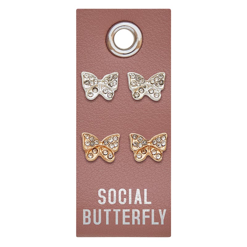Social Butterfly Silver and Gold Rhinestone Stud Earrings Set | 2 Pairs on a Gift Tag
