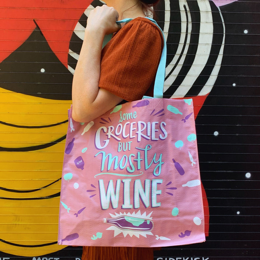 Some Groceries But Mostly Wine Large Market Tote Bag in Pink and Blue | 15.50