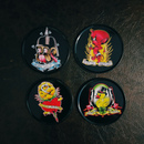 Sourpuss Coasters | Tattoo Flash Cartoon Set of Four | Metal & Cork Retro Round Drinkware with Tin