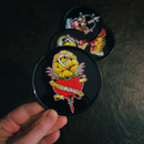 Sourpuss Coasters | Tattoo Flash Cartoon Set of Four | Metal & Cork Retro Round Drinkware with Tin