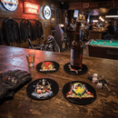 Sourpuss Coasters | Tattoo Flash Cartoon Set of Four | Metal & Cork Retro Round Drinkware with Tin